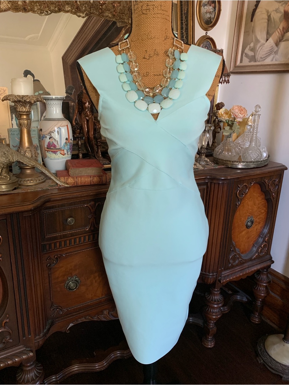 Vintage Sexy Body-con Light Aqua Stretch Cocktail Evening Dress